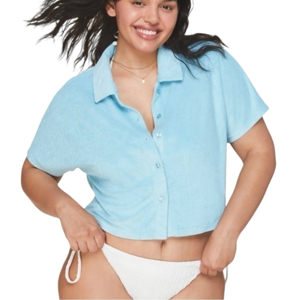 Andie Swim Cropped Button Up Light Blue Terry Short Sleeve Collar Women Size S